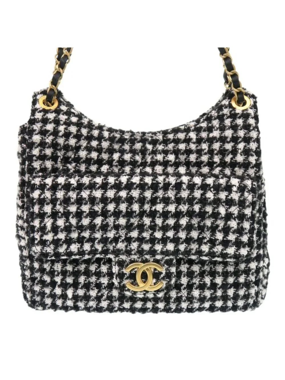 Chanel CC Logo Hobo Tweed Black Shoulder Bag Random Plate Gold White